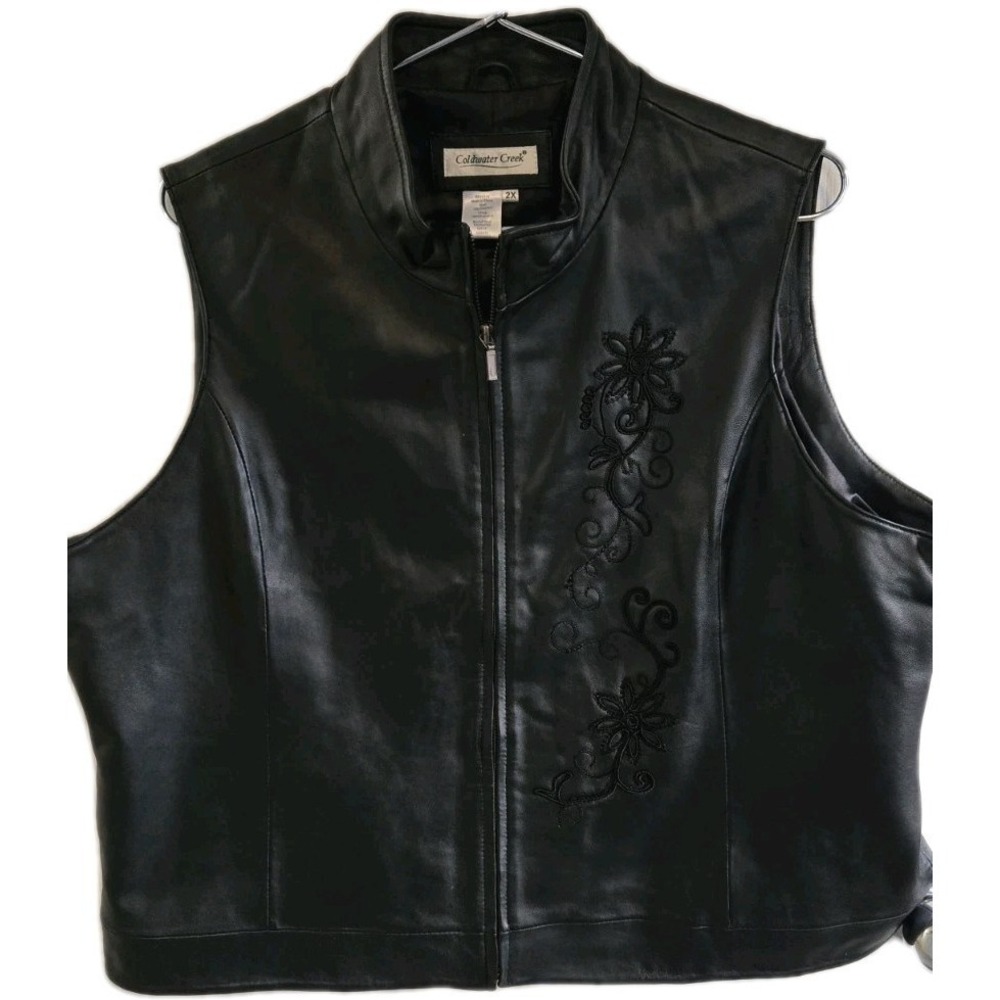 Coldwater Creek Black Leather‎ Vest Womens 2X Floral Embroidered Moto Chic